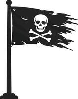 Pirate flag with skull and crossbones design waving on flagpole in black and white style illustration vector