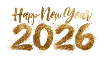 Happy New Year 2026. Golden Celebration Text on Transparent Background png