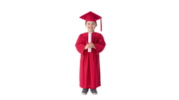 Joyful Young Child in Graduation Cap and Robe Holding Diploma. Full-Body Front View, Isolated on Transparent Background, Symbol of Early Achievement, Education Milestone, Innocence and Pride png