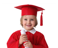 Young Child in Mini Graduation Cap and Bright Robe Holding Diploma. Smiling on transparent Background png