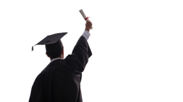 Back View of Graduate Celebrating on Mountain Peak Holding Diploma, Transparency Background with Copy Space png