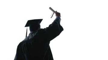 Back View of Graduate Celebrating with Raised Arm Holding Diploma with Copy Space for Text. Symbol of Achievement png