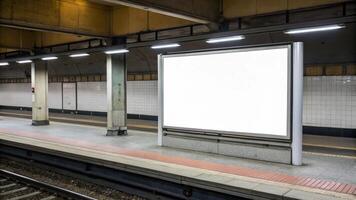 Empty Billboard on an Underground Subway Platform Ready for Advertisement photo