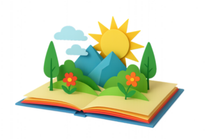 Simple 3D Pop-Up Book with Colorful Nature Scene and Sun png