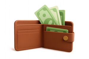 Open Simple 3D Wallet with Cash and Cards Illustration for Commerce png