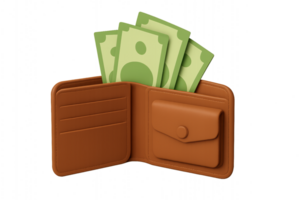 Open 3D Brown Wallet with Dollar Bills Sticking Out of It png