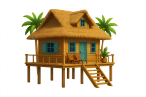 Colorful 3D Tropical Beach House with Palm Trees and Decking png
