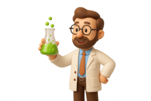3D Cartoon Scientist Holding Flask with Green Liquid in Lab Coat png