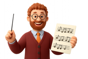 Cheerful 3D Conductor with Music Notes and Baton for Composing png