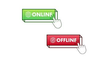 Hand clicking online and offline status buttons on white and blue screen video