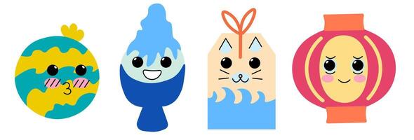 kawaii japanese summer objects emoji set in doodle style vector