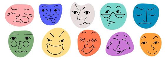 simple doodle face on colored spots set vector