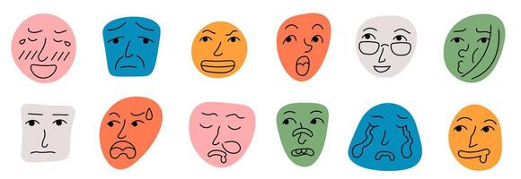 simple doodle emoji on colored shapes vector