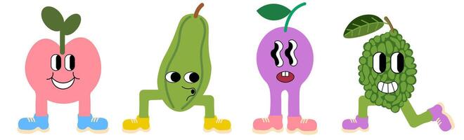 set of fruits characters inn doodle vector