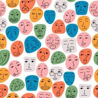 seamless pattern with doodle faces on colored spots vector
