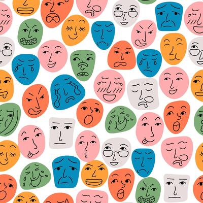 seamless pattern with doodle faces on colored spots