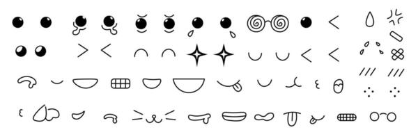 kawaii elements of face set in linear doodle style vector