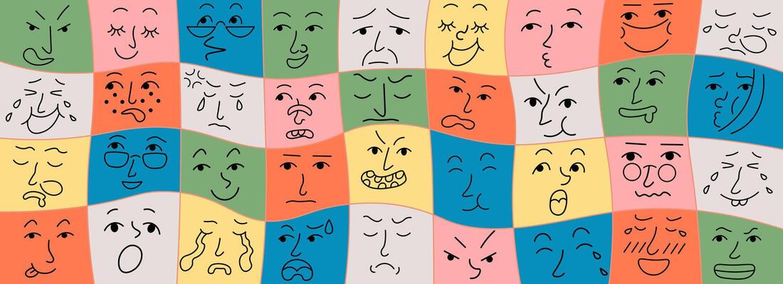 doodle faces on colored checkered back