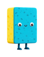 Cute animated sponge character with happy expression and blue-yellow design png