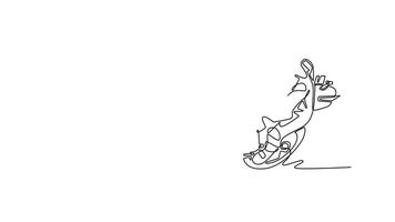 Animated self drawing of continuous line draw attractive rider on sport motorcycle leaning and dragging knee. Active moto racer practice to improve speed at circuit. Full length single line animation video
