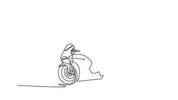 Animated self drawing of continuous line draw rider on motorcycle celebrates with flag at victory as it circuits track. Racer winning race on super bike championship. Full length single line animation video