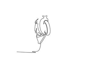 Animated self drawing of continuous line draw rider on motorcycle doing wheelie at circuits track. Happy winner racer passing finish line on super bike championship. Full length single line animation video