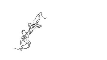Animated self drawing of continuous line draw active motorcycle racer entering the turn on the race track at international circuit. Super motorbike race competition. Full length single line animation video