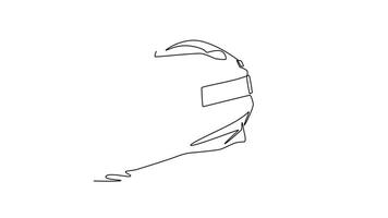 Self drawing animation of single line draw motocross sport helmet. High quality racer helmet logo icon. Dirt motorsport championship racing safety concept. Continuous line draw. Full length animated video