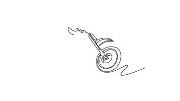Self drawing animation of single line draw freestyle motocross stunt rider doing a jump and perform acrobatic stunt flying. Sports skills, balance and adrenaline. Continuous line. Full length animated video
