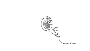 Animated self drawing of continuous line draw happy young biker doing wheelie on his sports motorcycle. Strong rider celebrate winning grand prix racing on the track. Full length single line animation video