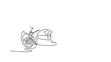 Self drawing animation of single line draw motorcycle rider racing on the race track at high speed with motion on international circuit. Super bike racing. Continuous line draw. Full length animated video