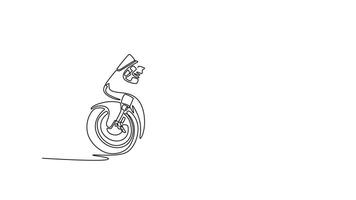 Animated self drawing of continuous line draw side view of sporty racer motorcycle on international circuit track. Active young rider riding a sport racing motorbike. Full length single line animation video