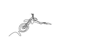 Animated self drawing continuous line draw fearless professional motocross rider skillfully executes an extreme maneuver move, showcasing remarkable balance and daring. Full length one line animation video