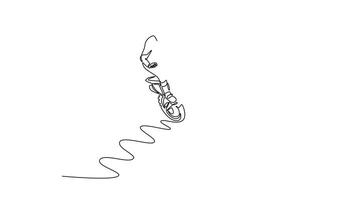 Animated self drawing of continuous line draw professional motorcyclist makes an extreme jump against the sky. Extreme sports, motorcycle jumping, and travel adventure. Full length one line animation video