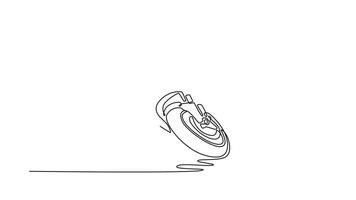 Animated self drawing of continuous line draw rider in leather suit on sport motorcycle leaning and dragging knee. Young moto biker practicing to improve bike speed. Full length single line animation video