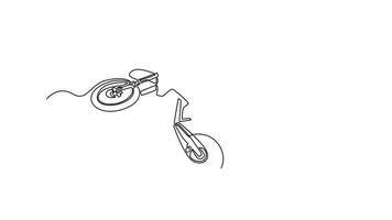 Self drawing animation single line draw biker acrobatic jump at the trial show executes an extreme maneuver, showcasing remarkable balance and daring expertise. Continuous line. Full length animated video