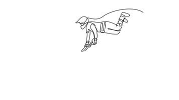 Animated self drawing continuous line draw attractive professional rider freestyle motocross make acrobatic jumping and flying at international motor show competition. Full length one line animation video