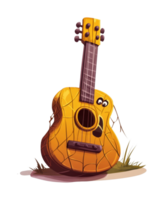 Cartoon spider-themed yellow ukulele with eyes and web pattern png