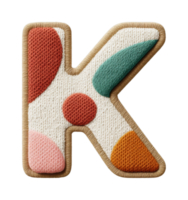 Colorful textile letter k with geometric patterns png