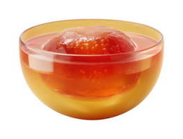Strawberry floating in amber liquid within transparent glass bowl png