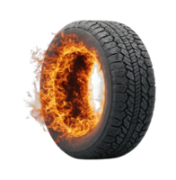 Burning tire with intense flames and detailed tread pattern png