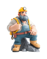 Cartoon miner with helmet and backpack sitting on rock png