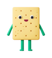 Cute animated cheese cracker character with googly eyes and green limbs png