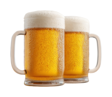 Two frosty beer mugs filled with golden lager and crowned with foamy heads png