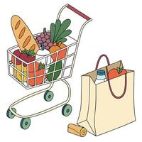 Cheerful Grocery Shopping Cart Filled with Fresh Produce and Dairy, Paper Bag of Groceries, Bright and Happy Mood vector