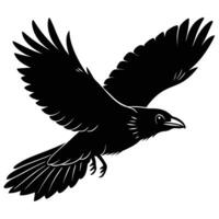 Majestic Black Raven in Flight, Soaring Through White Sky A Dramatic Silhouette Illustration - Professional digital artwork with vibrant colors and detailed composition vector