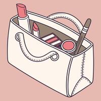 Stylish White Handbag Overflowing with Chic Makeup Essentials Lipstick, Eyeshadow, and Brush, Pink Background, Feminine Mood vector