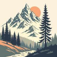 Serene Sunset Landscape Majestic Mountains, Tranquil River, and Silhouetted Pine Trees in a Peaceful Nature Scene vector