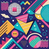Vibrant 80s Retro Geometric Design A Joyful, Colorful Abstract Pattern with Disco Ball for Trendy Backgrounds vector