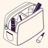 Stylish Open Zippered Travel Makeup Bag with Cosmetics and Accessories in a Calm Setting - Professional digital artwork with vibrant colors and detailed composition vector